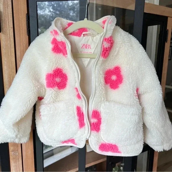 Zara Kids fleece jacket zip up floral neon groovy Sherpa pockets toddler girl